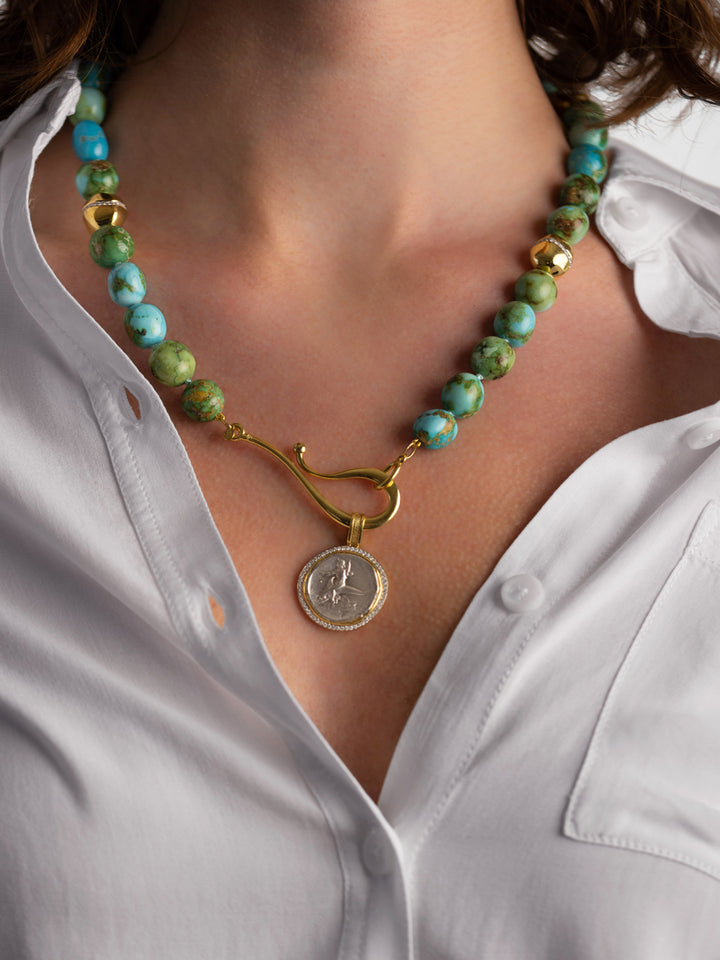 18K Yellow Gold Ancient Taras Coin Diamond Pendant
