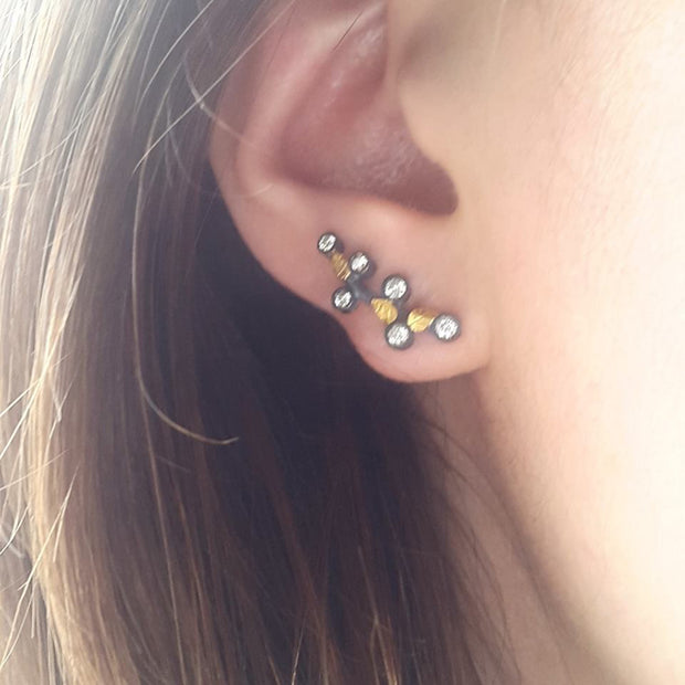 24K Gold and Oxidized Silver Ear Cuffs with Diamonds