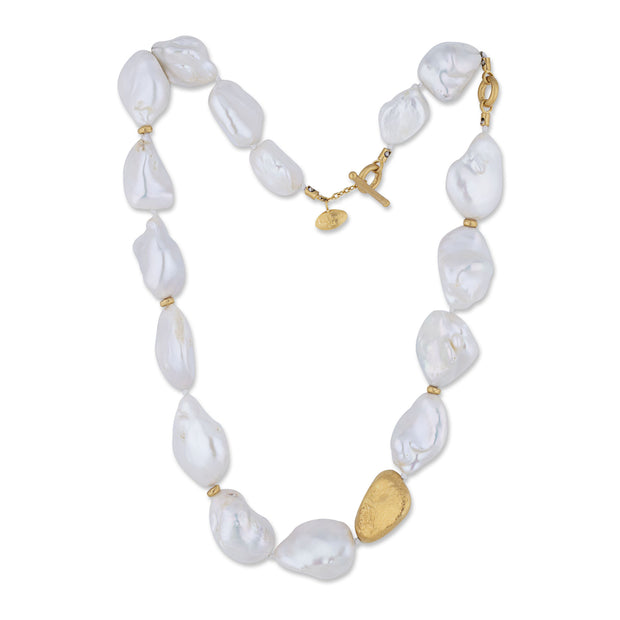 24K Yellow Gold "Lydia" White Freshwater Baroque Pearl Necklace