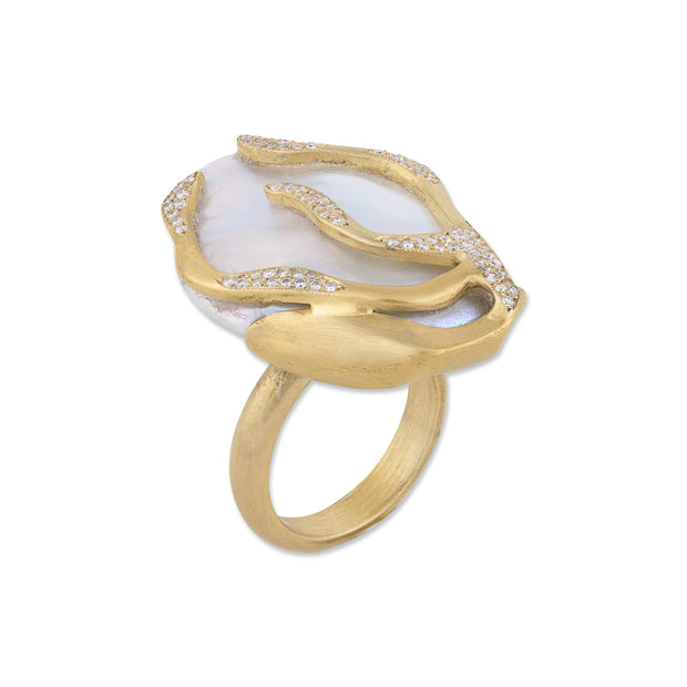 22K Yellow Gold "Lydia" Baroque Pearl and Diamond Ring
