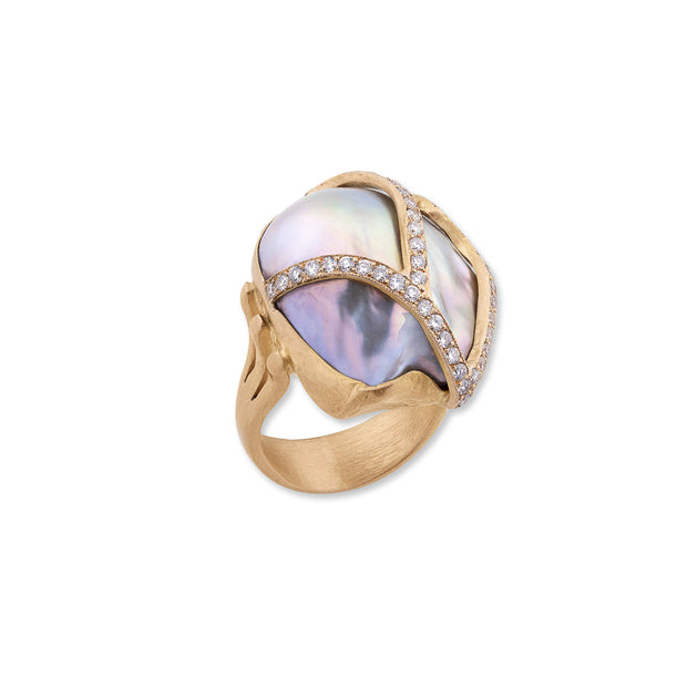 22K Rose Gold Peach Glow "Lydia" Freshwater Baroque Pearl Diamond Ring