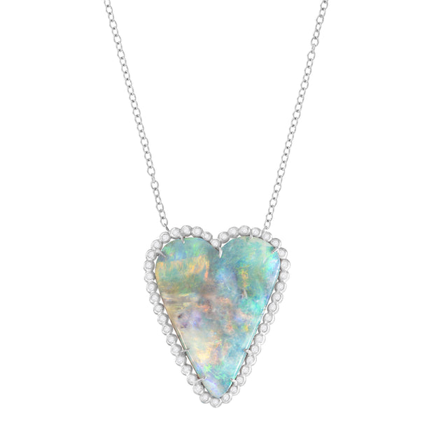 18K White Gold Heart Shaped Australian Boulder Opal and Diamond Necklace