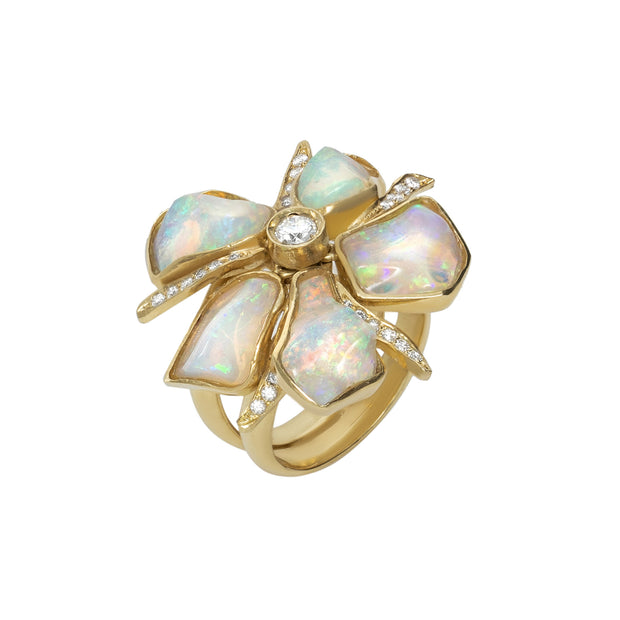 18K Yellow Gold White Opal and Diamond Flower Ring