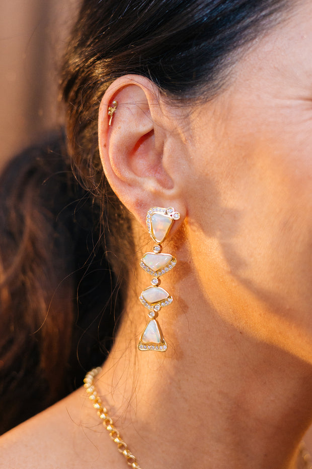 18K Yellow Gold White Opal and Diamond Earrings