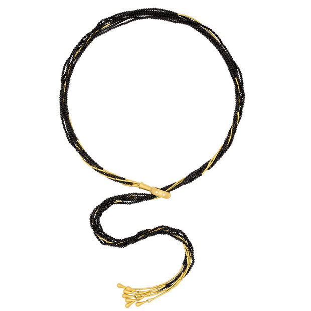 24K Yellow Gold Black Spinel and Diamond Seven Strand Scarf Necklace