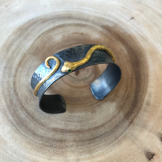 Oxidized Silver and 24K Yellow Gold Snake Cuff Bracelet