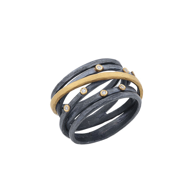 Oxidized Silver and 24K Yellow Gold "Stockholm Crosswire" Diamond Ring