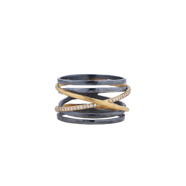 Oxidized Silver and 22K Yellow Gold "Stockholm Crosswire" Diamond Ring