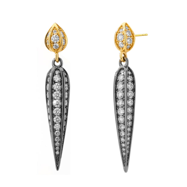 18K Yellow Gold and Oxidized Silver Love Leaf Champagne Diamond Earrings