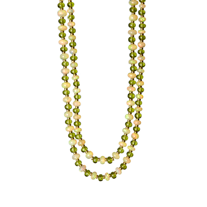 18K Yellow Gold Mogul Opal and Peridot Bead Necklace