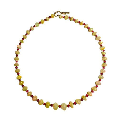 18K Yellow Gold Opal and Pink Spinel Bead Necklace