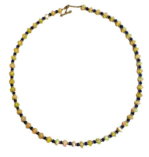18K Yellow Gold Opal and Blue Sapphire Bead Necklace