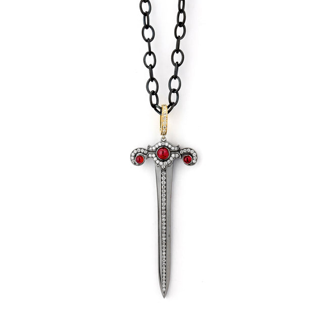 18K Yellow Gold and Oxidized Silver Sword Diamond and Ruby Pendant