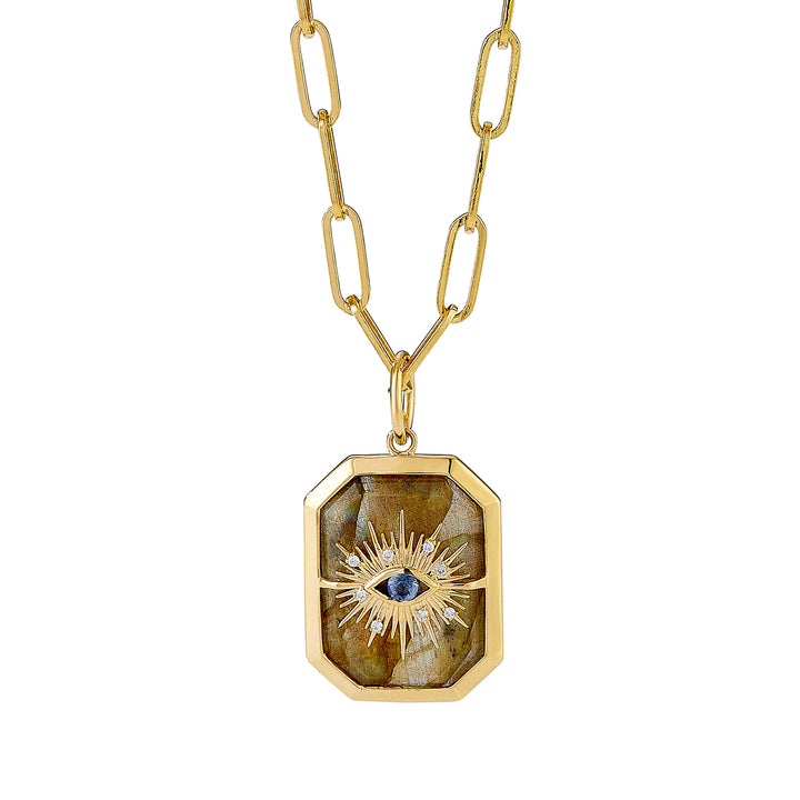 18K Yellow Gold Chakra Evil Eye Labradorite and Sapphire Pendant