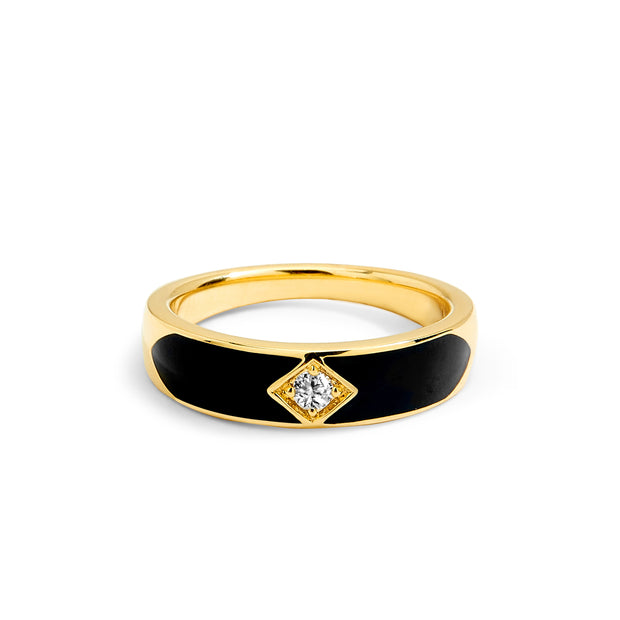 18K Yellow Gold Band with Black Enamel and Champagne Diamond