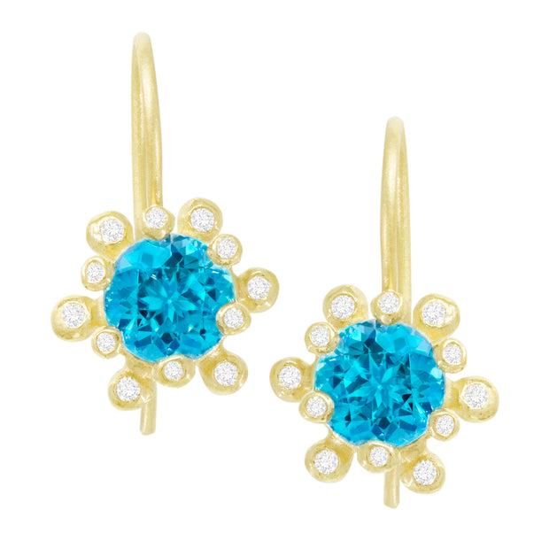18K Yellow Gold Blue Zircon and Diamond Earrings