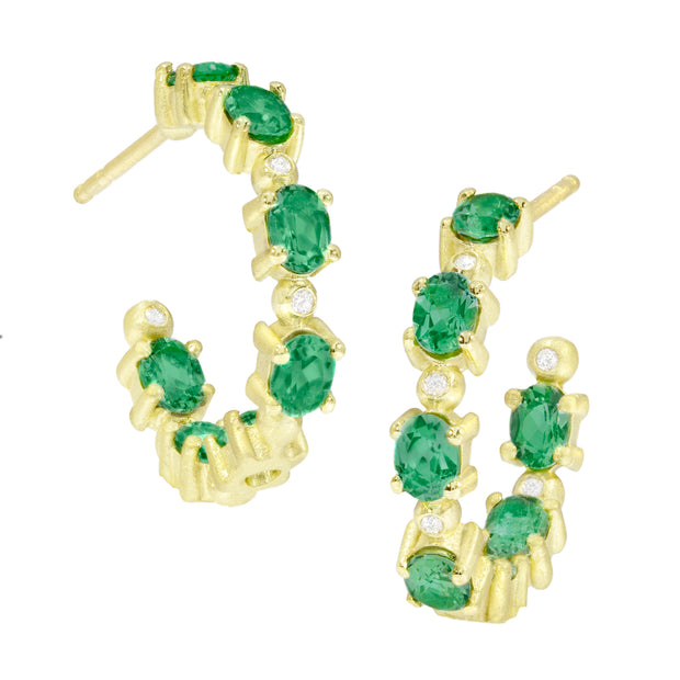 18K Yellow Gold Green Tourmaline and Diamond Hoop Earrings
