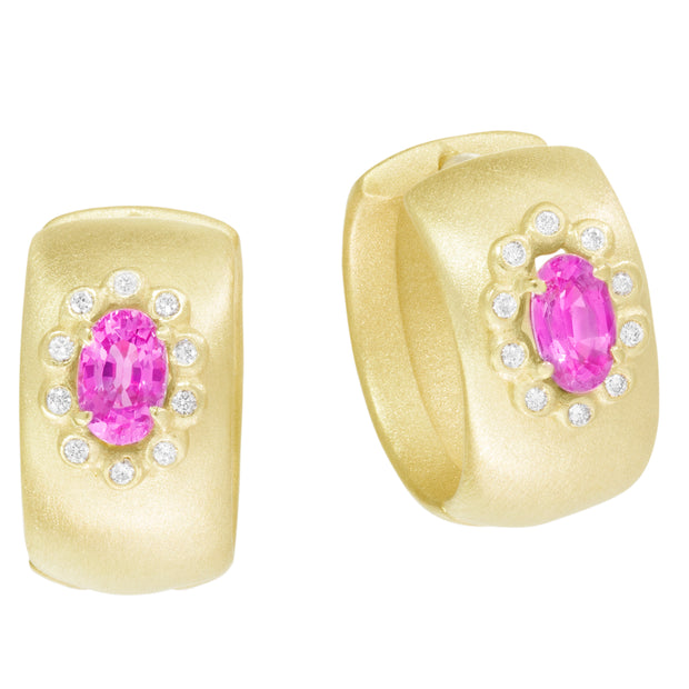 18K Yellow Gold Pink Sapphire and Diamond Hoop Earrings