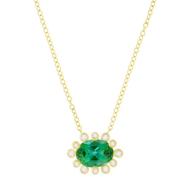18K Yellow Gold Oval Green Tourmaline and Diamond Necklace