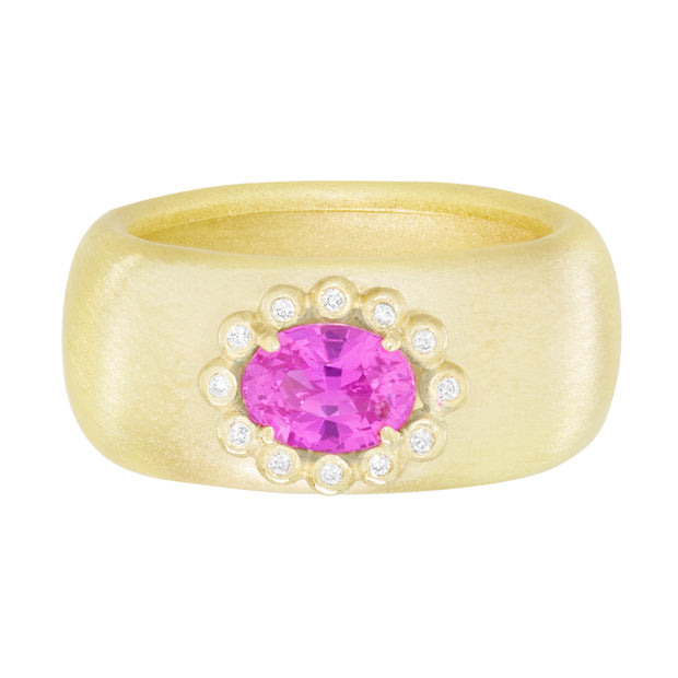 18K Yellow Gold Oval Pink Sapphire and Diamond Ring